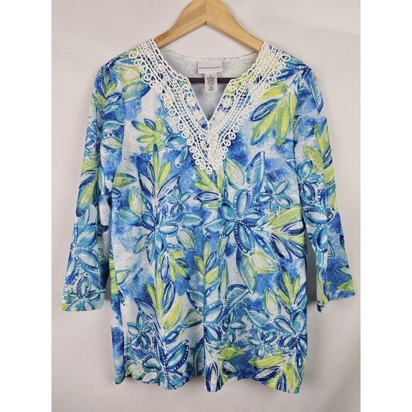 Alfred Dunner Women's Shirt Size Small Blue Green Floral 3/4 Sleeve Top - Picture 1 of 9